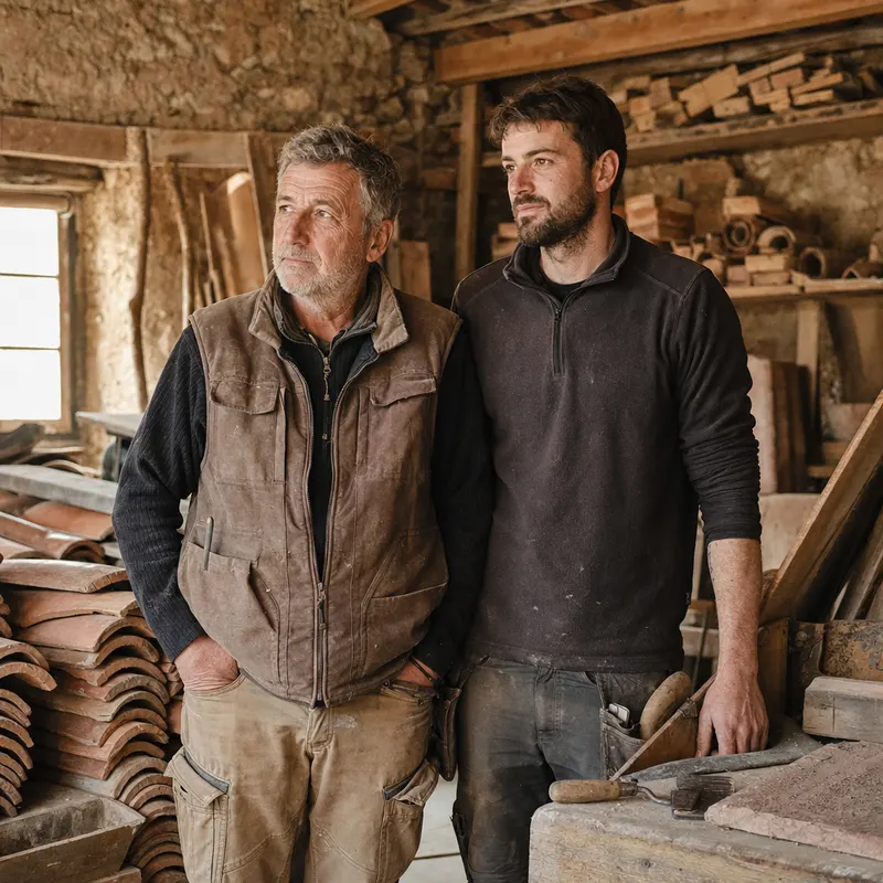 Michel et Julien Rousseau, couvreurs père et fils, dans leur atelier de Saintes
